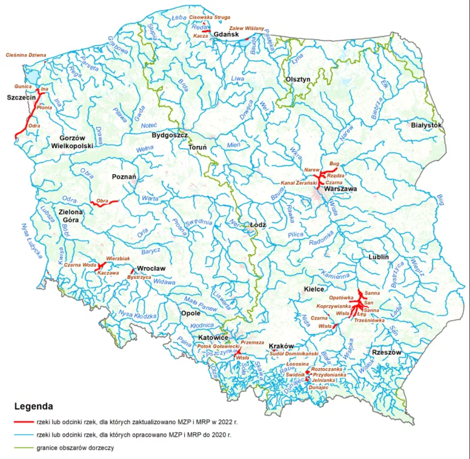 Rzeki lub odcinki rzek dla ktrych MZP i MRP zostay zaktualizowane w 2022 r