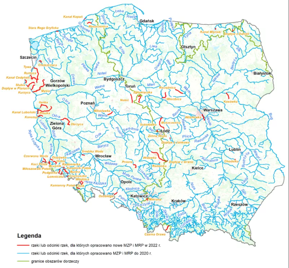Rzeki lub odcinki rzek dla ktrych opracowano nowe MZP i MRP w 2022 r
