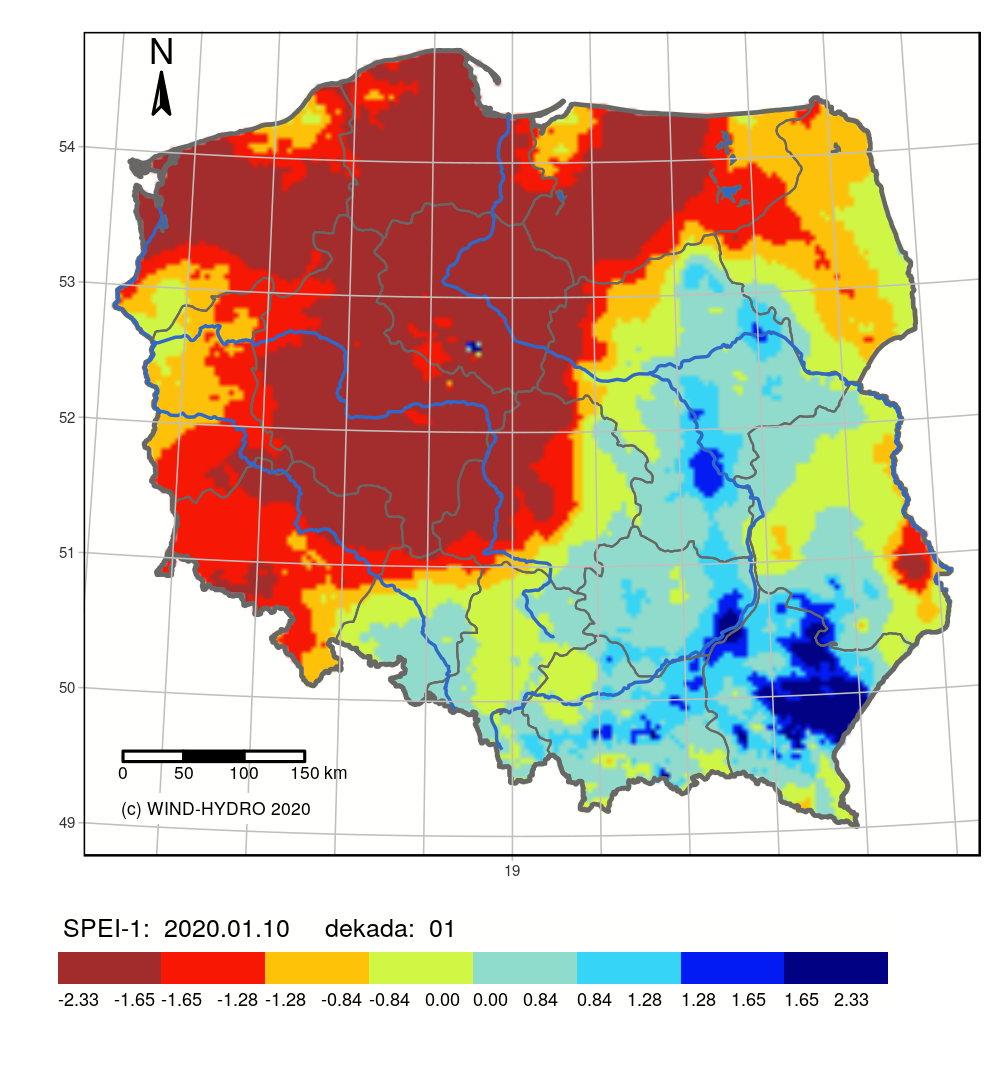 Mapa danych projektu S4D (Service 4 Drought) realizowanego ze środków Europejskiej Agencji Kosmicznej wskaźnik SPEI. Stan na pierwszą dekadę stycznia 2020