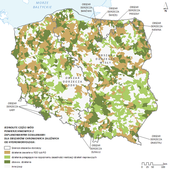 Mapa jcwp RW z działaniami dla obszarów chronionych zależnych od hydromorfologii