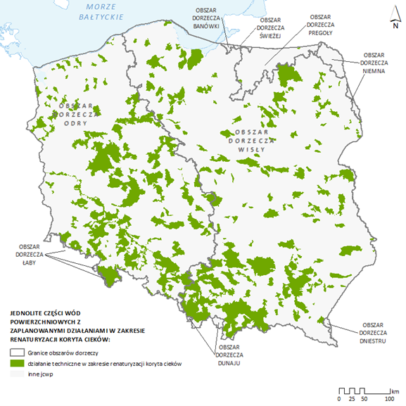 Mapa jcwp RW z działaniami technicznymi w zakresie poprawy warunków hydromorfologicznych rzek i potoków